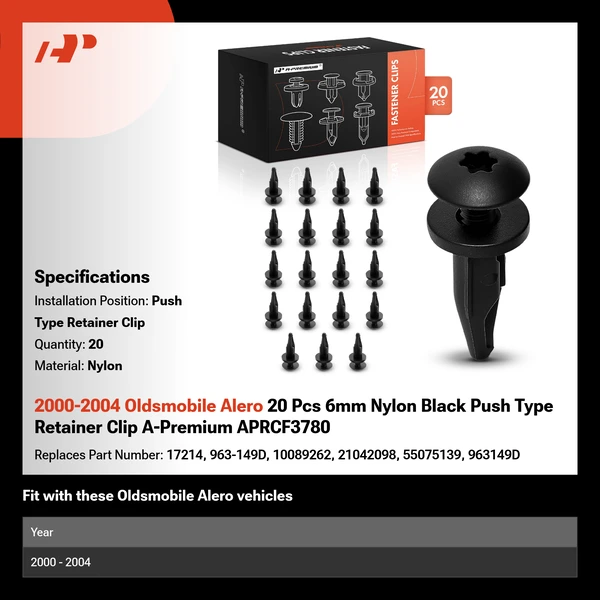 2000-2004 Oldsmobile Alero 20 Pcs 6mm Nylon Black Push Type Retainer Clip A-Premium APRCF3780