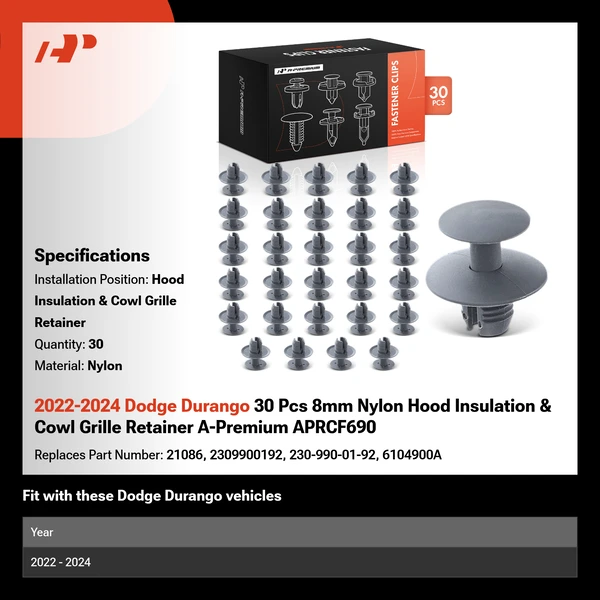 2022-2024 Dodge Durango 30 Pcs 8mm Nylon Hood Insulation & Cowl Grille Retainer A-Premium APRCF690