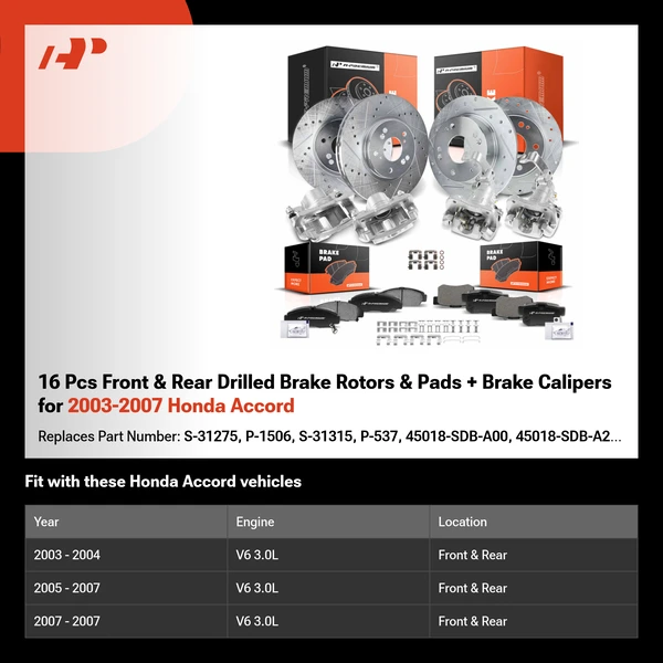 16 Pcs Front & Rear Drilled Brake Rotors & Pads + Brake Calipers for 2003-2007 Honda Accord