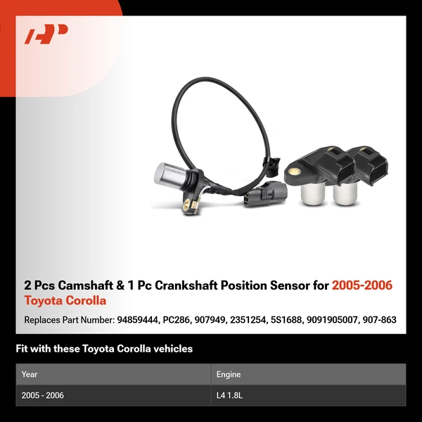 2 Pcs Camshaft & 1 Pc Crankshaft Position Sensor for 2005-2006 Toyota Corolla