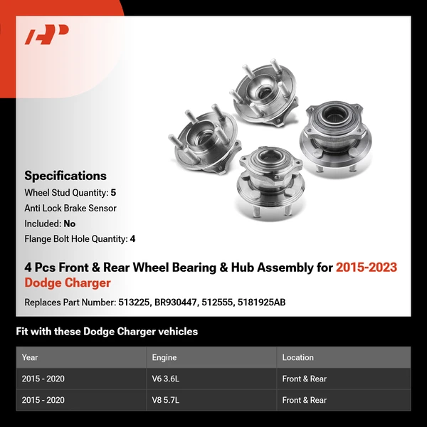 4 Pcs Front & Rear Wheel Bearing & Hub Assembly for 2015-2023 Dodge Charger