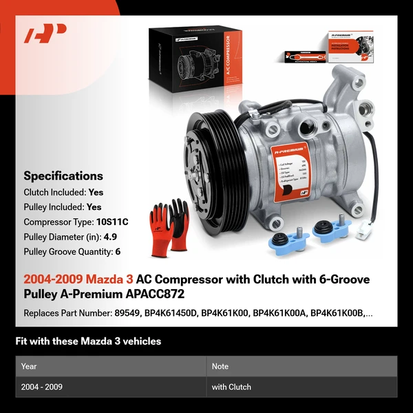 2004-2009 Mazda 3 AC Compressor with Clutch with 6-Groove Pulley A-Premium APACC872