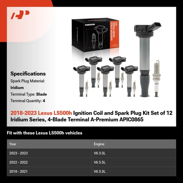 2018-2023 Lexus LS500h Ignition Coil and Spark Plug Kit Set of 12 Iridium Series, 4-Blade Terminal A-Premium APIC0865