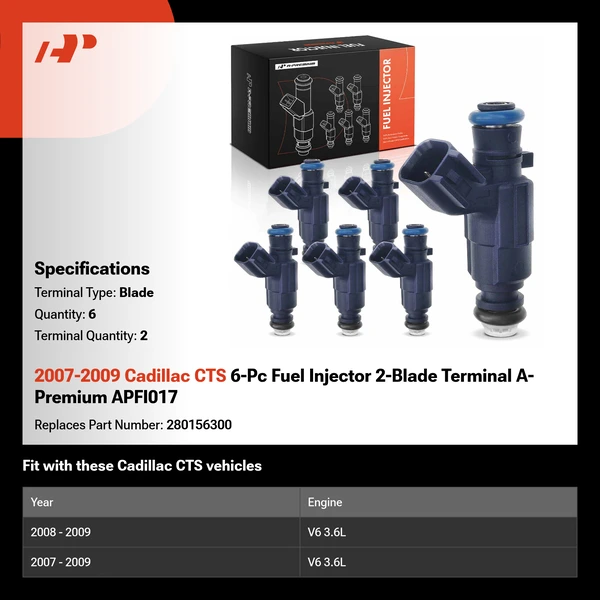 2007-2009 Cadillac CTS 6-Pc Fuel Injector 2-Blade Terminal A-Premium APFI017