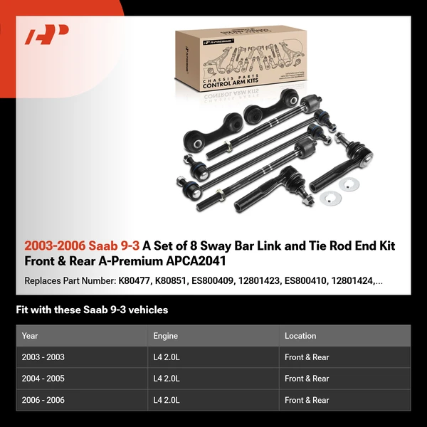 2003-2006 Saab 9-3 A Set of 8 Sway Bar Link and Tie Rod End Kit Front & Rear A-Premium APCA2041
