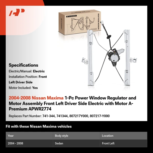 2004-2008 Nissan Maxima 1-Pc Power Window Regulator and Motor Assembly Front Left Driver Side Electric with Motor A-Premium APWR2774