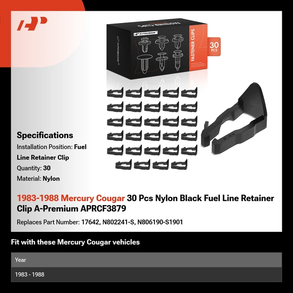 1983-1988 Mercury Cougar 30 Pcs Nylon Black Fuel Line Retainer Clip A-Premium APRCF3879