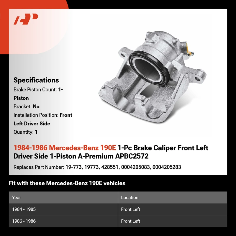 1984-1986 Mercedes-Benz 190E 1-Pc Brake Caliper Front Left Driver Side 1-Piston A-Premium APBC2572
