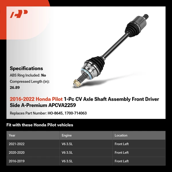 2016-2022 Honda Pilot 1-Pc CV Axle Shaft Assembly Front Driver Side A-Premium APCVA2259