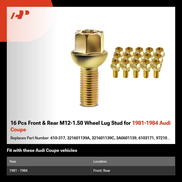 16 Pcs Front & Rear M12-1.50 Wheel Lug Stud for 1981-1984 Audi Coupe