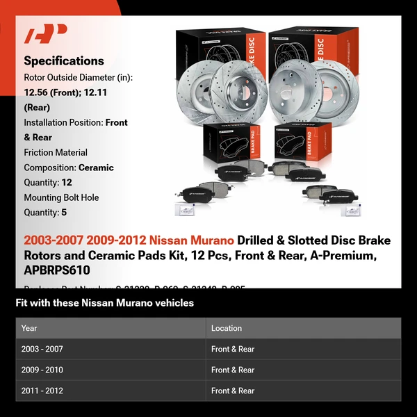 2003-2007 2009-2012 Nissan Murano Drilled & Slotted Disc Brake Rotors and Ceramic Pads Kit, 12 Pcs, Front & Rear, A-Premium, APBRPS610