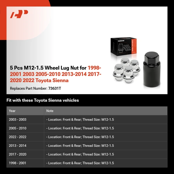 5 Pcs M12-1.5 Wheel Lug Nut for 1998-2001 2003 2005-2010 2013-2014 2017-2020 2022 Toyota Sienna