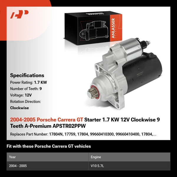 2004-2005 Porsche Carrera GT Starter 1.7 KW 12V Clockwise 9 Teeth A-Premium APSTR02PPW