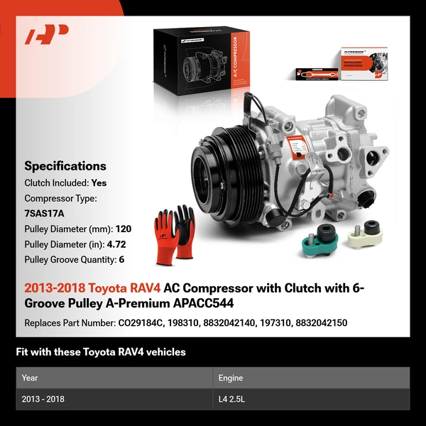 2013-2018 Toyota RAV4 AC Compressor with Clutch with 6-Groove Pulley A-Premium APACC544