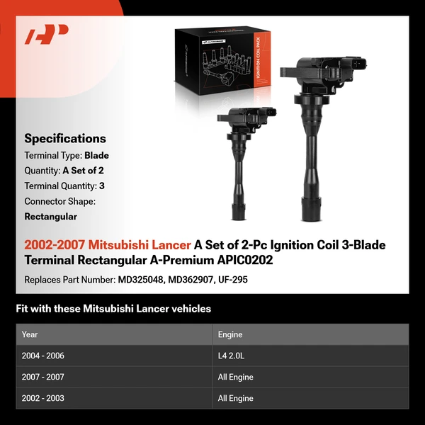 2002-2007 Mitsubishi Lancer A Set of 2-Pc Ignition Coil 3-Blade Terminal Rectangular A-Premium APIC0202