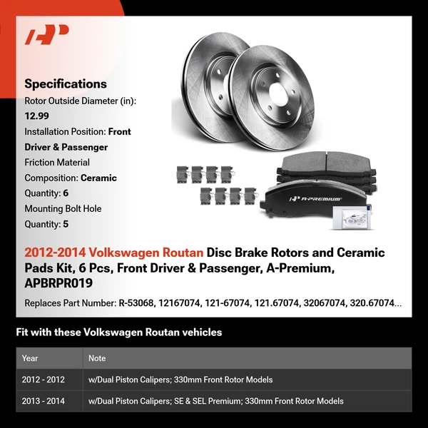 2012-2014 Volkswagen Routan Disc Brake Rotors and Ceramic Pads Kit, 6 Pcs, Front Driver & Passenger, A-Premium, APBRPR019