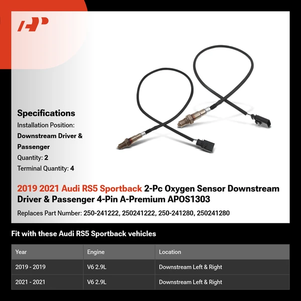 2019 2021 Audi RS5 Sportback 2-Pc Oxygen Sensor Downstream Driver & Passenger 4-Pin A-Premium APOS1303