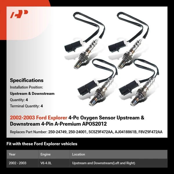 2002-2003 Ford Explorer 4-Pc Oxygen Sensor Upstream & Downstream 4-Pin A-Premium APOS2012