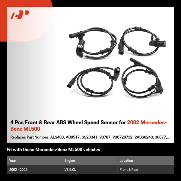 4 Pcs Front & Rear ABS Wheel Speed Sensor for 2002 Mercedes-Benz ML500
