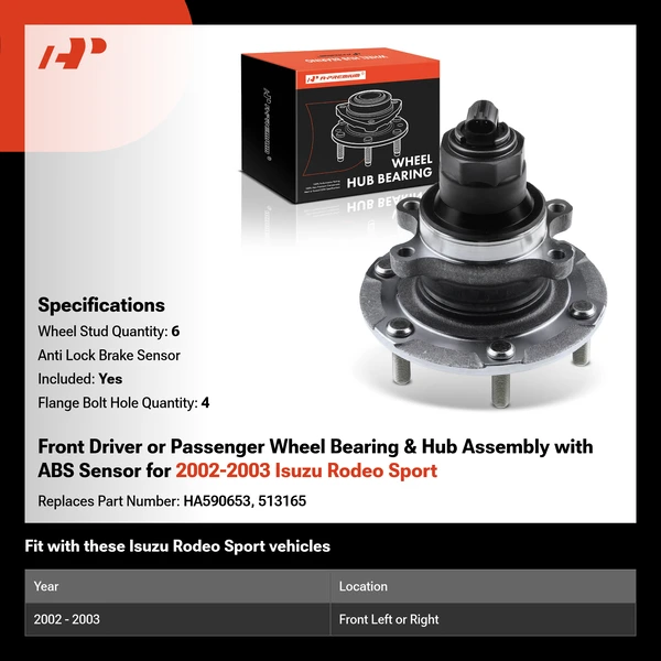 Front Driver or Passenger Wheel Bearing & Hub Assembly with ABS Sensor for 2002-2003 Isuzu Rodeo Sport