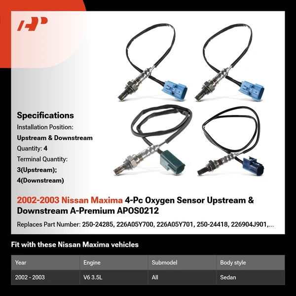 2002-2003 Nissan Maxima 4-Pc Oxygen Sensor Upstream & Downstream A-Premium APOS0212