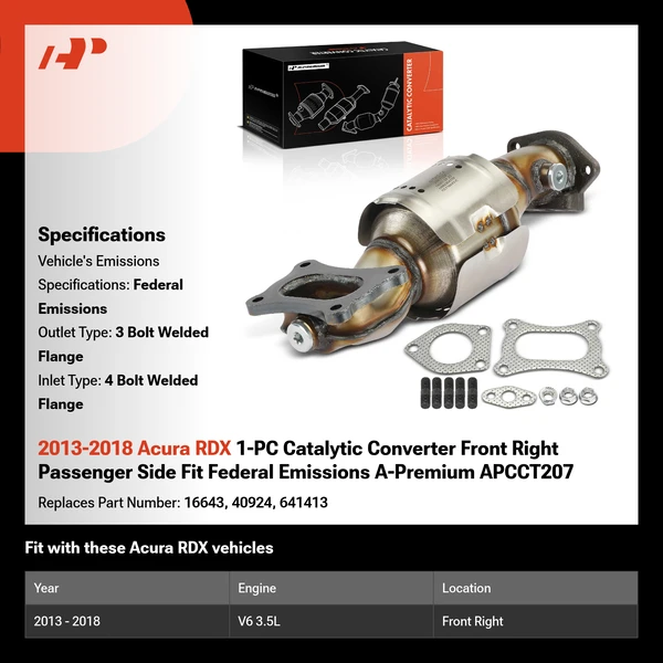 2013-2018 Acura RDX 1-PC Catalytic Converter Front Right Passenger Side Fit Federal Emissions A-Premium APCCT207