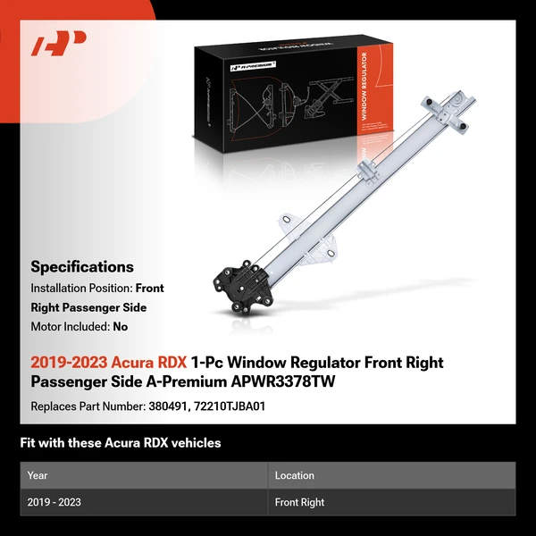 2019-2023 Acura RDX 1-Pc Window Regulator Front Right Passenger Side A-Premium APWR3378TW