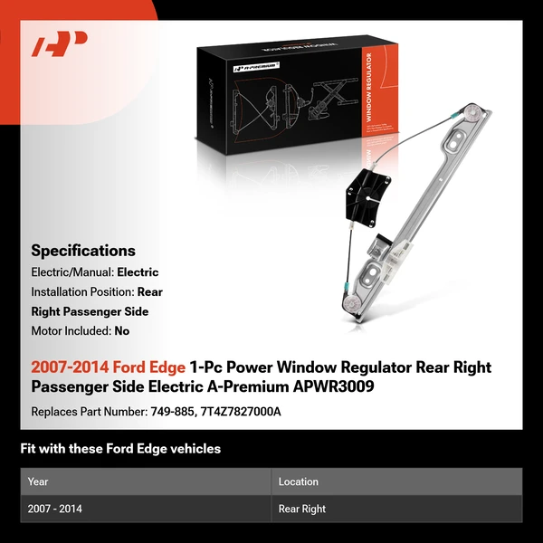 2007-2014 Ford Edge 1-Pc Power Window Regulator Rear Right Passenger Side Electric A-Premium APWR3009