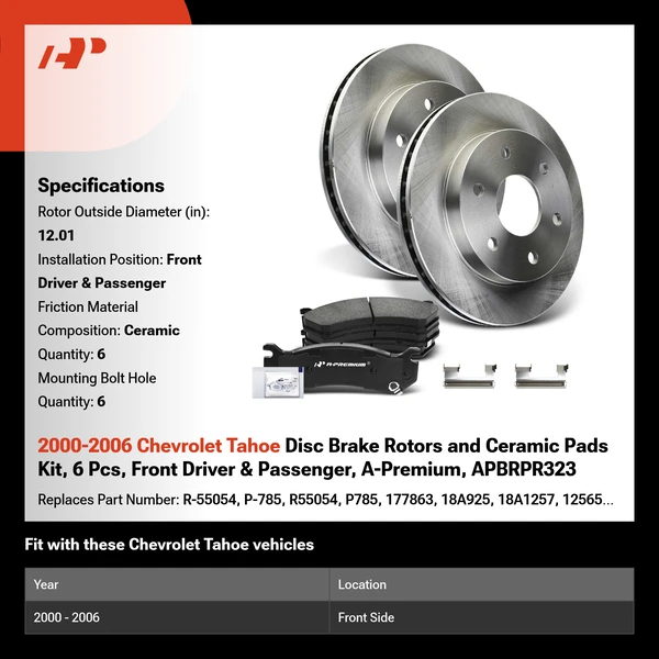 2000-2006 Chevrolet Tahoe Disc Brake Rotors and Ceramic Pads Kit, 6 Pcs, Front Driver & Passenger, A-Premium, APBRPR323