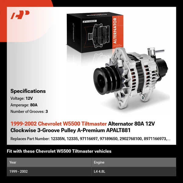 1999-2002 Chevrolet W5500 Tiltmaster Alternator 80A 12V Clockwise 3-Groove Pulley A-Premium APALT881