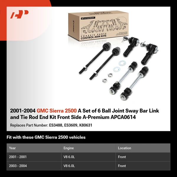 2001-2004 GMC Sierra 2500 A Set of 6 Ball Joint Sway Bar Link and Tie Rod End Kit Front Side A-Premium APCA0614
