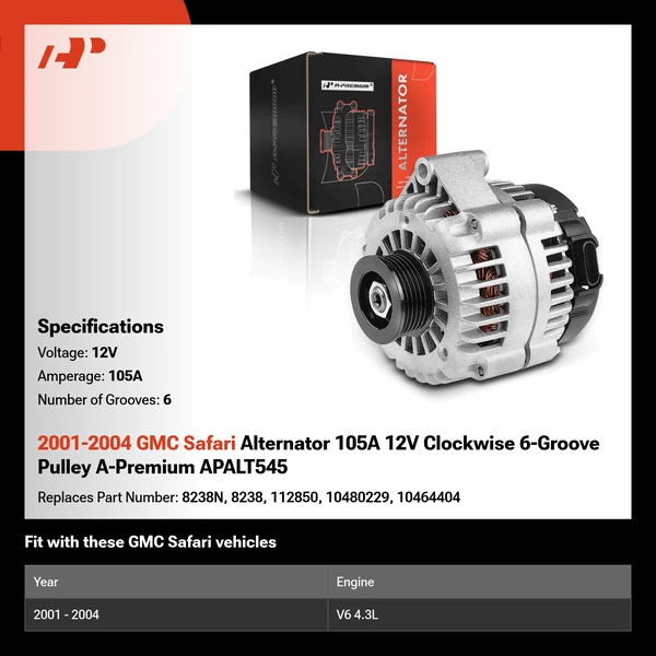 2001-2004 GMC Safari Alternator 105A 12V Clockwise 6-Groove Pulley A-Premium APALT545