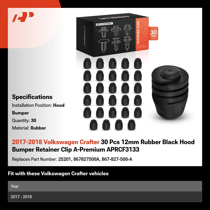 2017-2018 Volkswagen Crafter 30 Pcs 12mm Rubber Black Hood Bumper Retainer Clip A-Premium APRCF3133