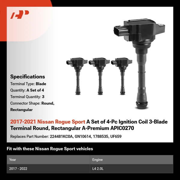 2017-2021 Nissan Rogue Sport A Set of 4-Pc Ignition Coil 3-Blade Terminal Round, Rectangular A-Premium APIC0270