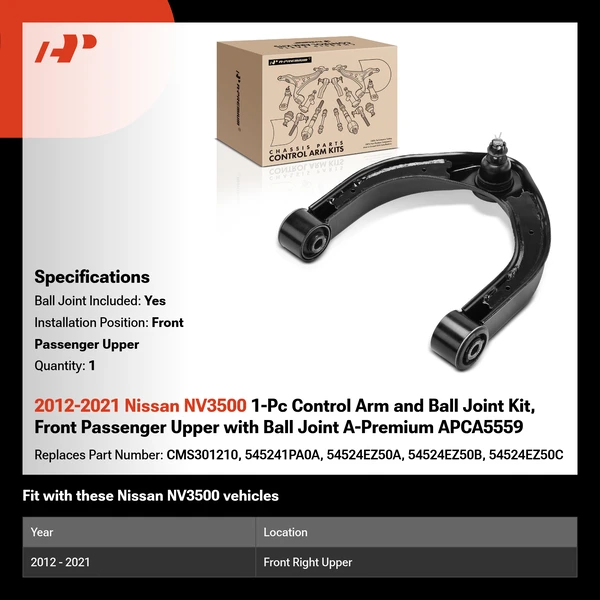 2012-2021 Nissan NV3500 1-Pc Control Arm and Ball Joint Kit, Front Passenger Upper with Ball Joint A-Premium APCA5559