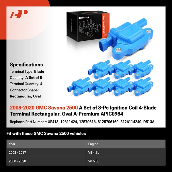2008-2020 GMC Savana 2500 A Set of 8-Pc Ignition Coil 4-Blade Terminal Rectangular, Oval A-Premium APIC0984