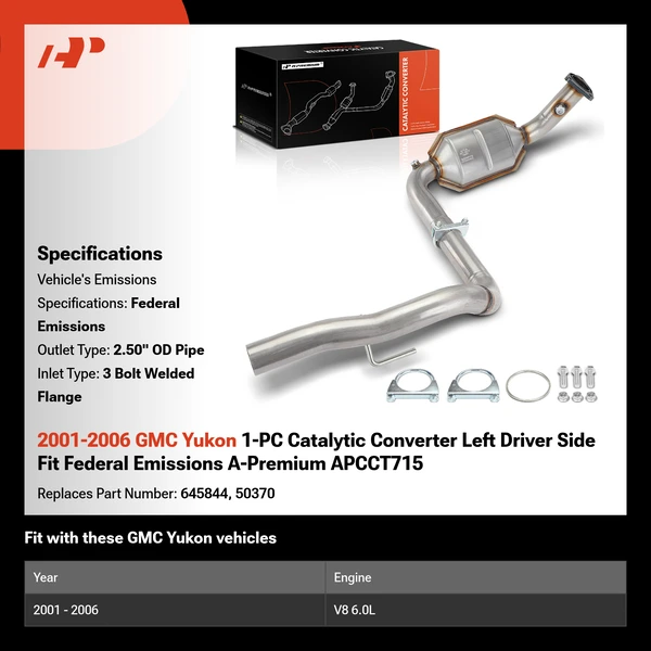 2001-2006 GMC Yukon 1-PC Catalytic Converter Left Driver Side Fit Federal Emissions A-Premium APCCT715