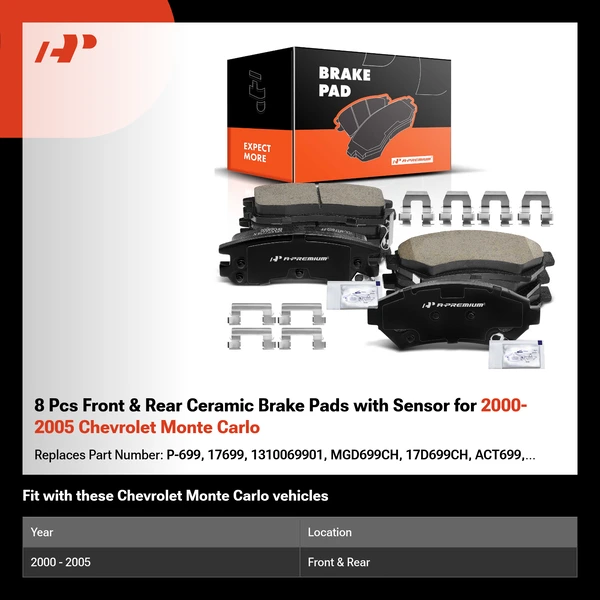 8 Pcs Front & Rear Ceramic Brake Pads with Sensor for 2000-2005 Chevrolet Monte Carlo