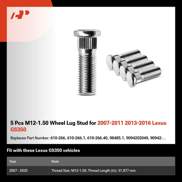 5 Pcs M12-1.50 Wheel Lug Stud for 2007-2011 2013-2016 Lexus GS350