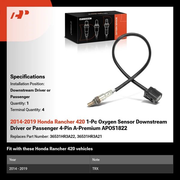 2014-2019 Honda Rancher 420 1-Pc Oxygen Sensor Downstream Driver or Passenger 4-Pin A-Premium APOS1822