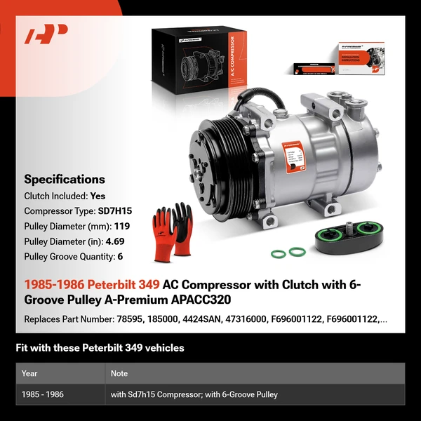 1985-1986 Peterbilt 349 AC Compressor with Clutch with 6-Groove Pulley A-Premium APACC320