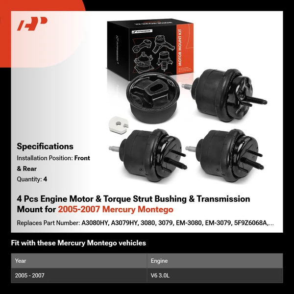 4 Pcs Engine Motor & Torque Strut Bushing & Transmission Mount for 2005-2007 Mercury Montego
