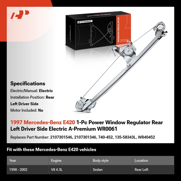 1997 Mercedes-Benz E420 1-Pc Power Window Regulator Rear Left Driver Side Electric A-Premium WR0061