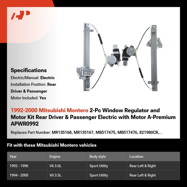 1992-2000 Mitsubishi Montero 2-Pc Window Regulator and Motor Kit Rear Driver & Passenger Electric with Motor A-Premium APWR0992
