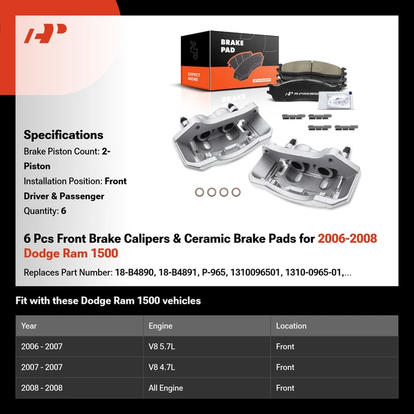 6 Pcs Front Brake Calipers & Ceramic Brake Pads for 2006-2008 Dodge Ram 1500