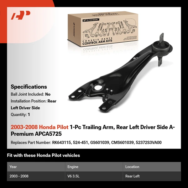 2003-2008 Honda Pilot 1-Pc Trailing Arm, Rear Left Driver Side A-Premium APCA5725