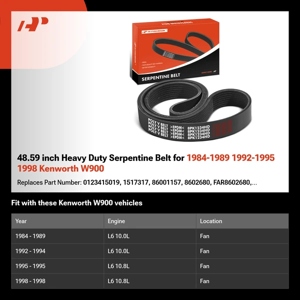 48.59 inch Heavy Duty Serpentine Belt for 1984-1989 1992-1995 1998 Kenworth W900