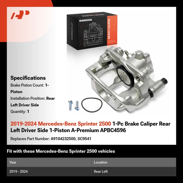 2019-2024 Mercedes-Benz Sprinter 2500 1-Pc Brake Caliper Rear Left Driver Side 1-Piston A-Premium APBC4596