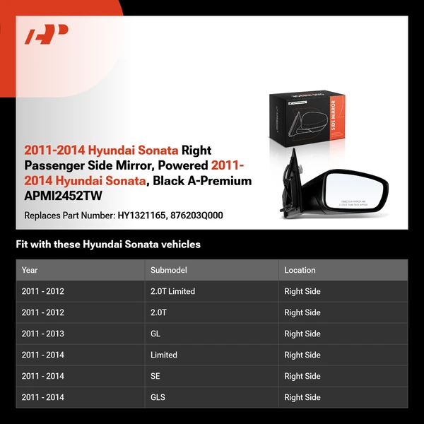 2011-2014 Hyundai Sonata Right Passenger Side Mirror, Powered 2011-2014 Hyundai Sonata, Black A-Premium APMI2452TW