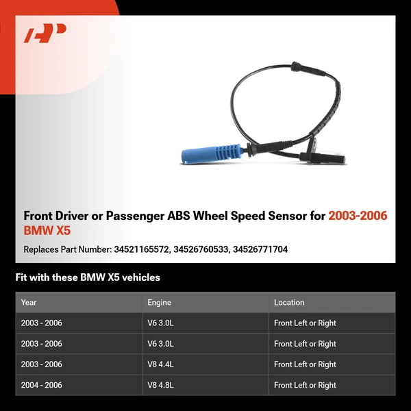 Front Driver or Passenger ABS Wheel Speed Sensor for 2003-2006 BMW X5